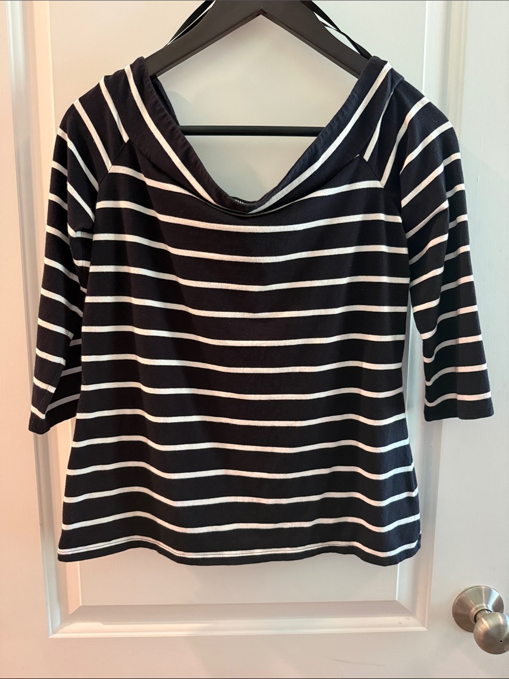 Loft Navy and White Striped Women's Boatneck Top size M 3/4 length sleeves